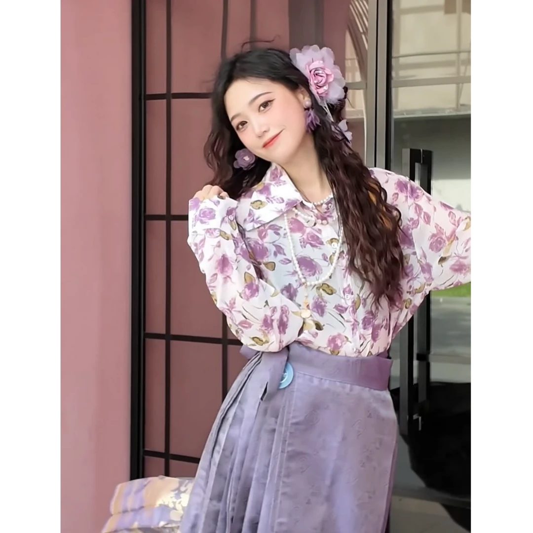 【猪猪】长袖衬衣韩版宽松休闲开衫外套新款夏季港风紫色玫瑰衬衫女