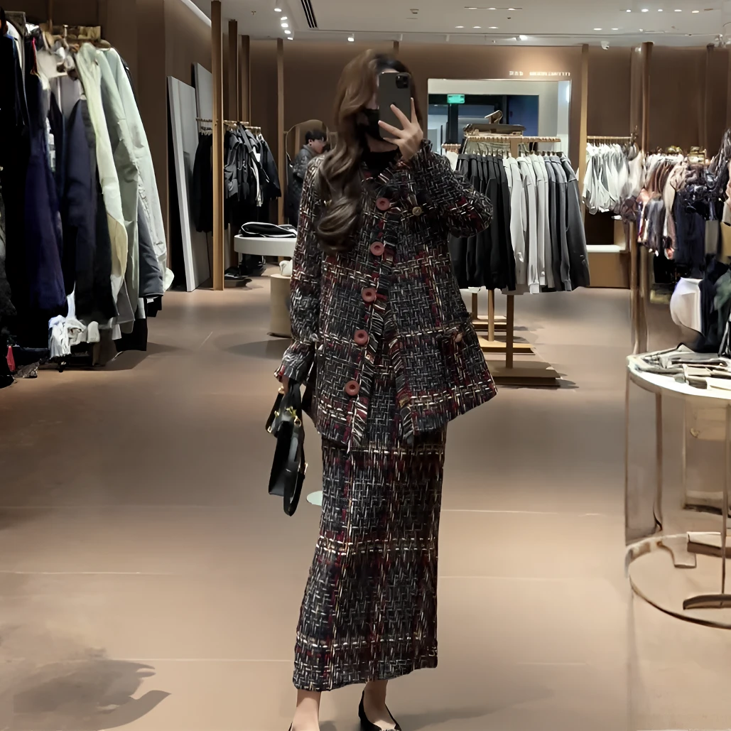 2025年冬季网红新款时尚高端气质粗花编织小香风外套半身裙套装女