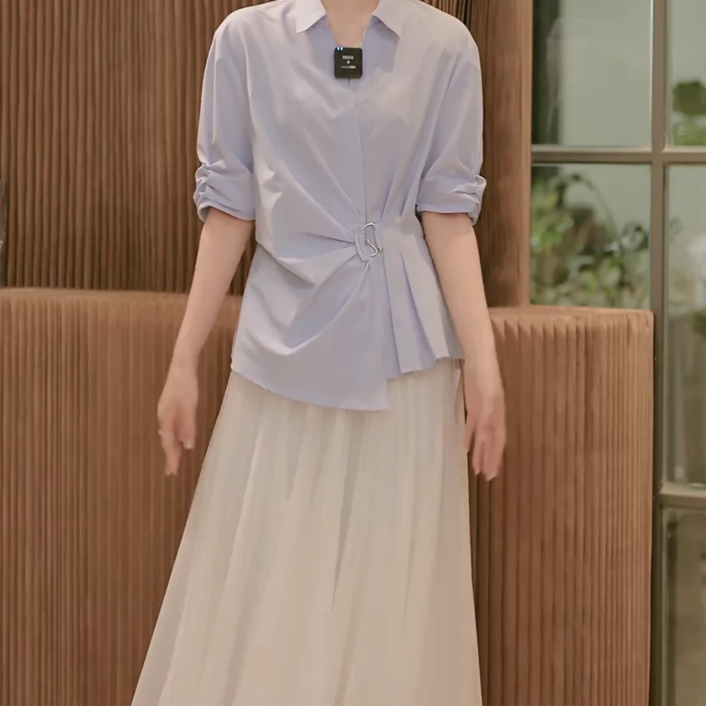 2025春夏新款套装女不规则V领长袖衬衫+纱裙半身裙两件套