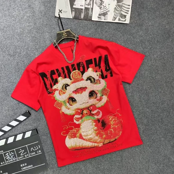 潮牌新款蛇年兽彩色烫钻短袖男女同款T恤圆领休闲上衣