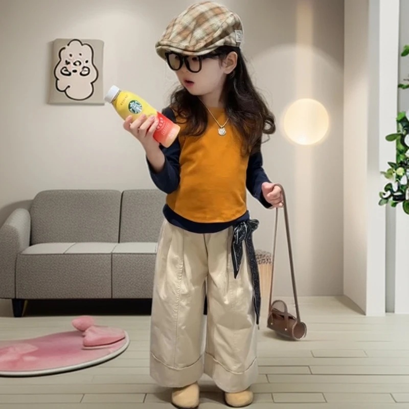 送丝巾女童套装2025新款秋季儿童百搭背心长袖上衣女孩阔腿裤宝宝