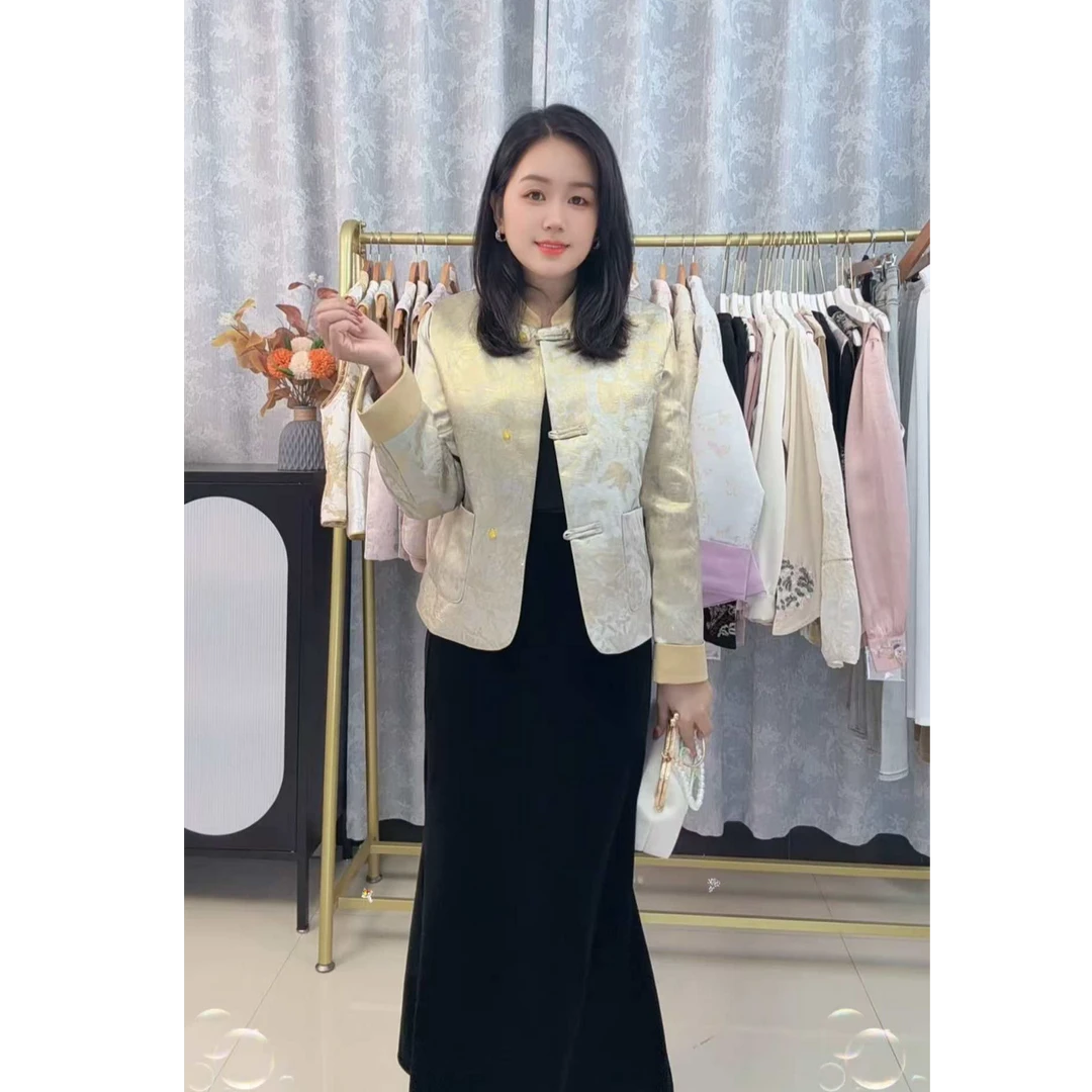 XHFJ国风中式立领时时尚提花厚款国潮风盘扣短款