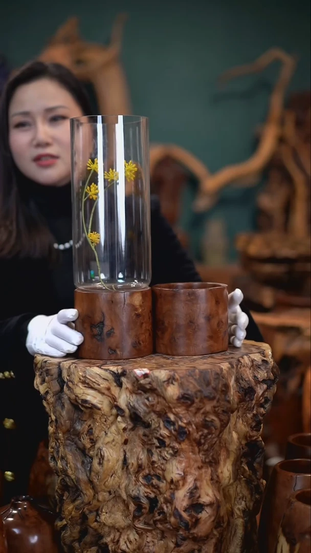 【闪购商品】枣木雷击枣木玻璃花瓶一对