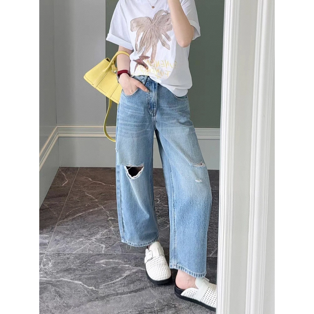 HYY【87172】花匣子2025夏季薄款破洞九分直筒奶奶裤