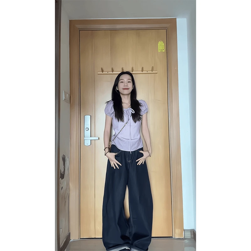 2025新款女士春夏季法式气质小众设计感系带短袖上衣高腰阔腿裤子