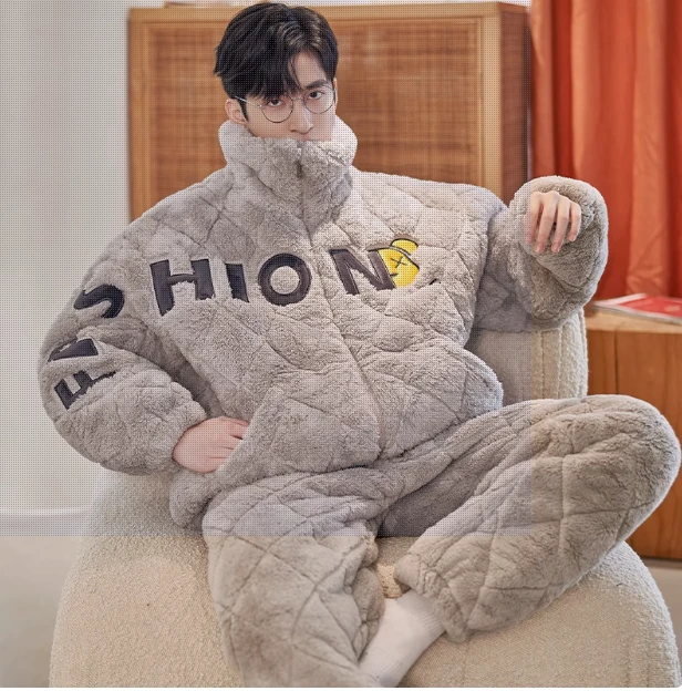 睡衣三层夹棉男士才穿家居服套装