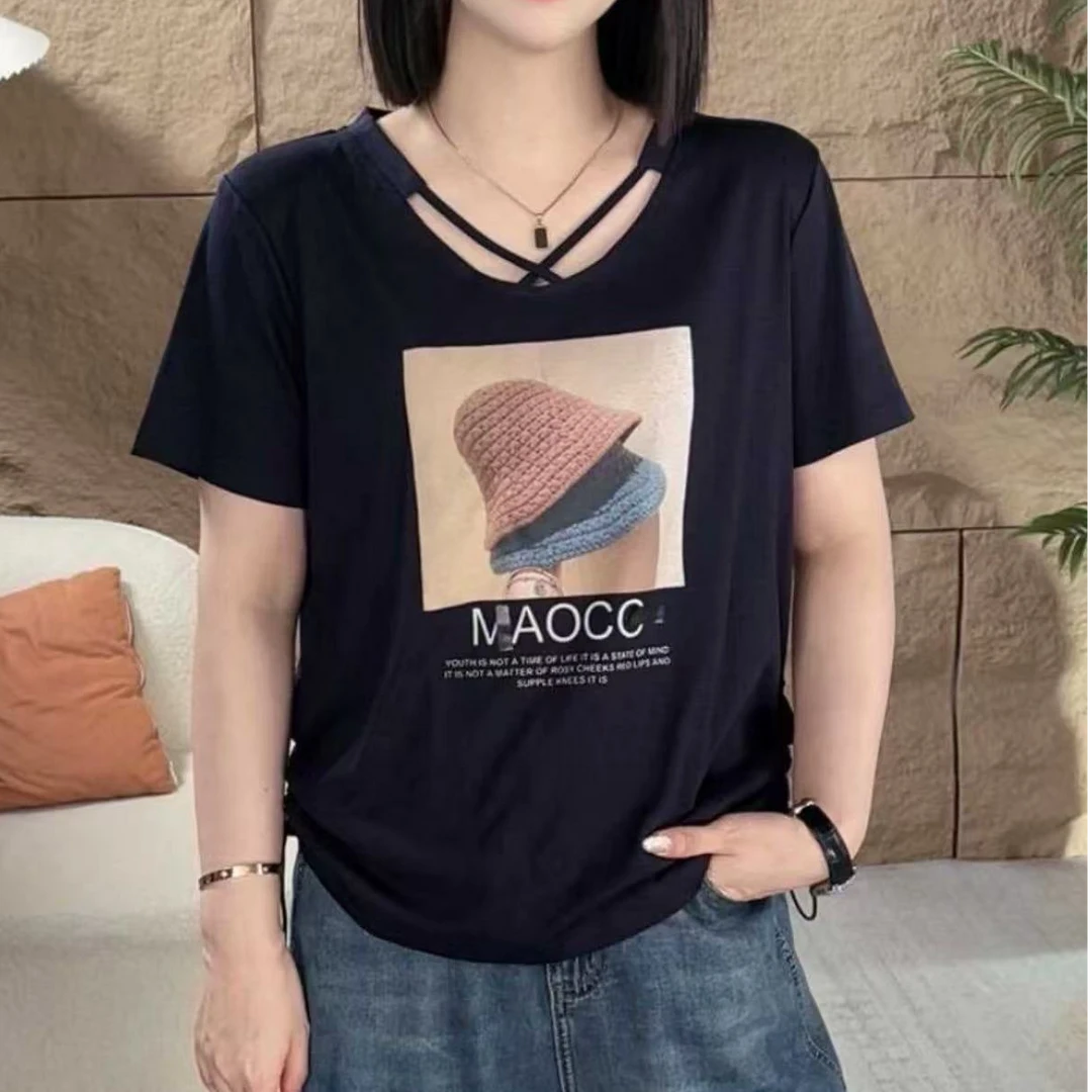 洋气新品时尚印花短袖减龄宽松套头小衫2115