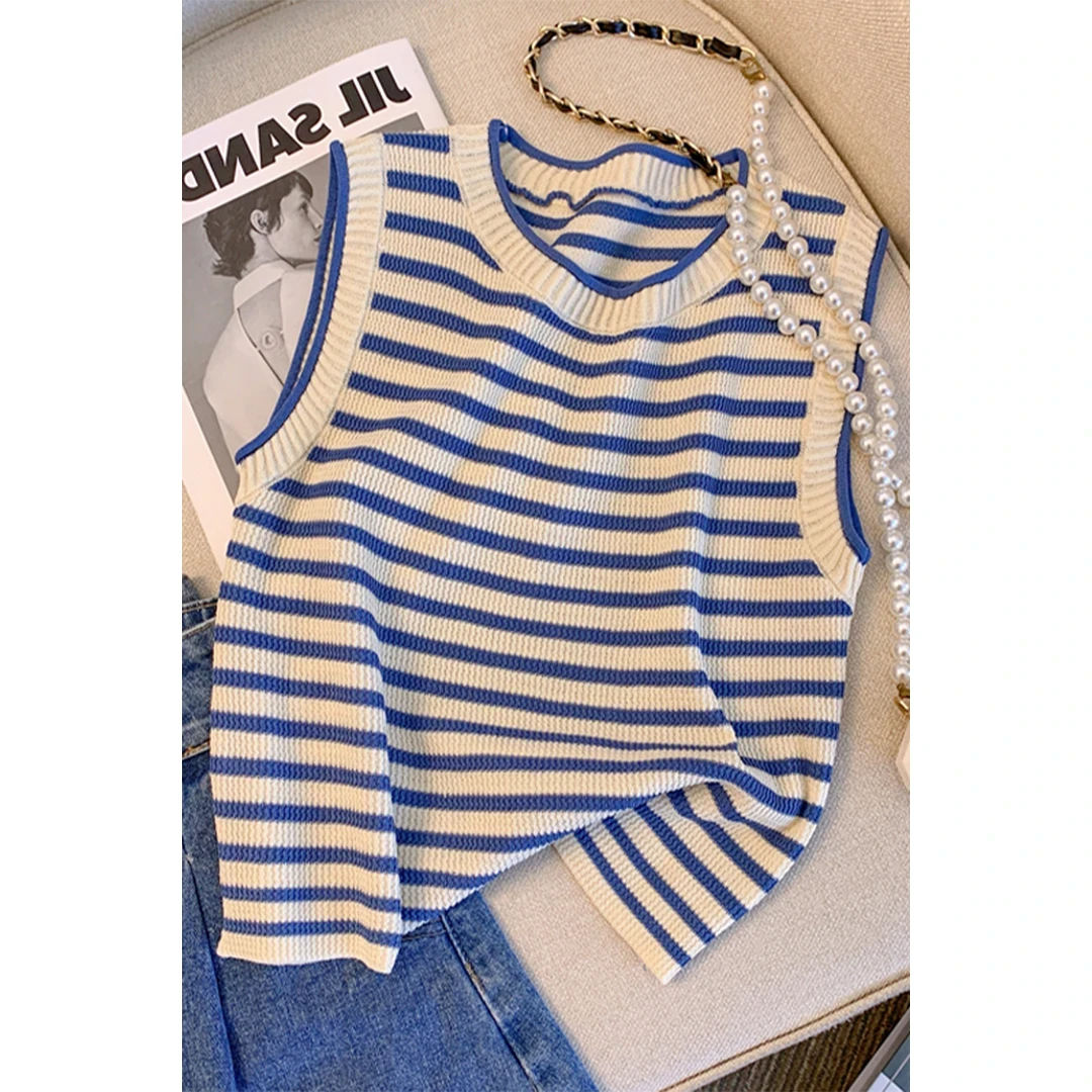冰丝条纹背心女夏季薄款透气凉感设计感百搭复古时尚短款外穿休闲