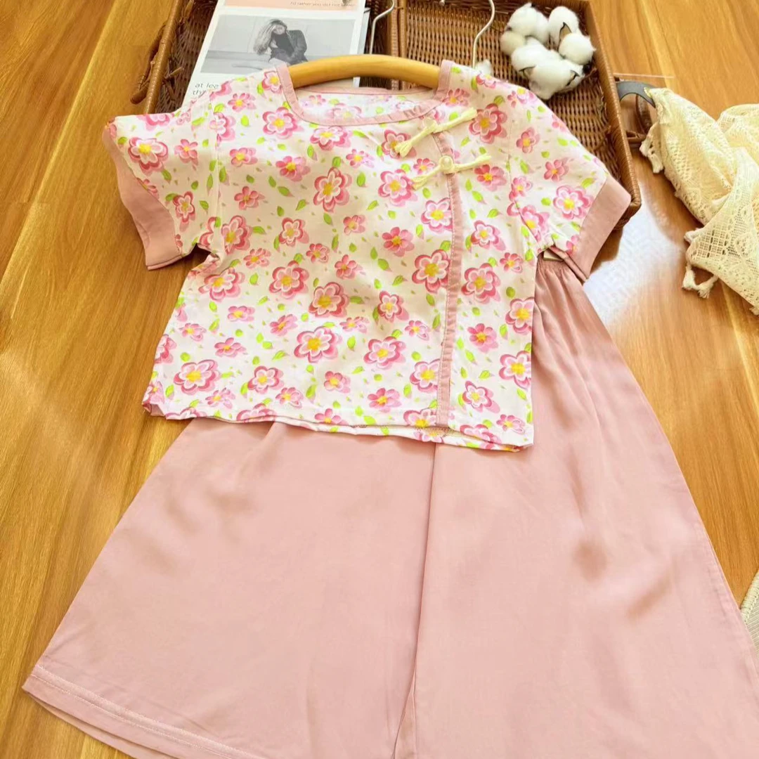 [亲子装】夏季新款女童国风绵绸套装空调服短袖夏款印花儿童宝宝