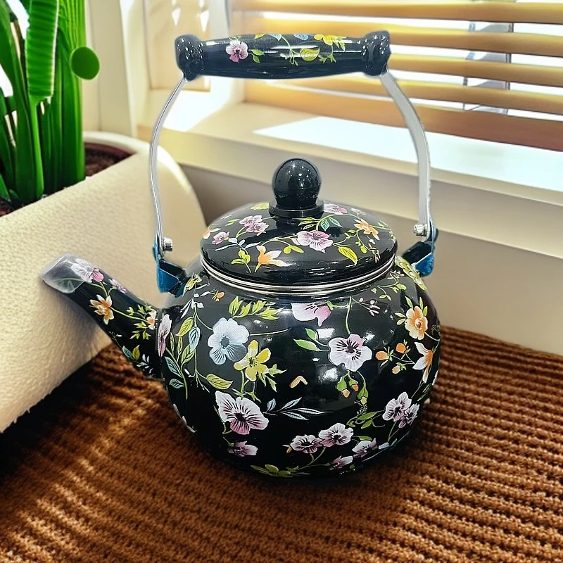 新疆包邮【2.5L 黑碎花胖壶】加厚珐琅搪瓷茶壶黑底花带家用烧水壶