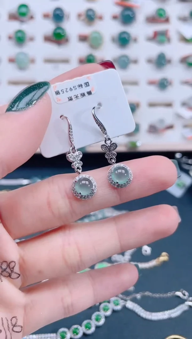 银S925镶嵌翡翠耳饰天然翡翠