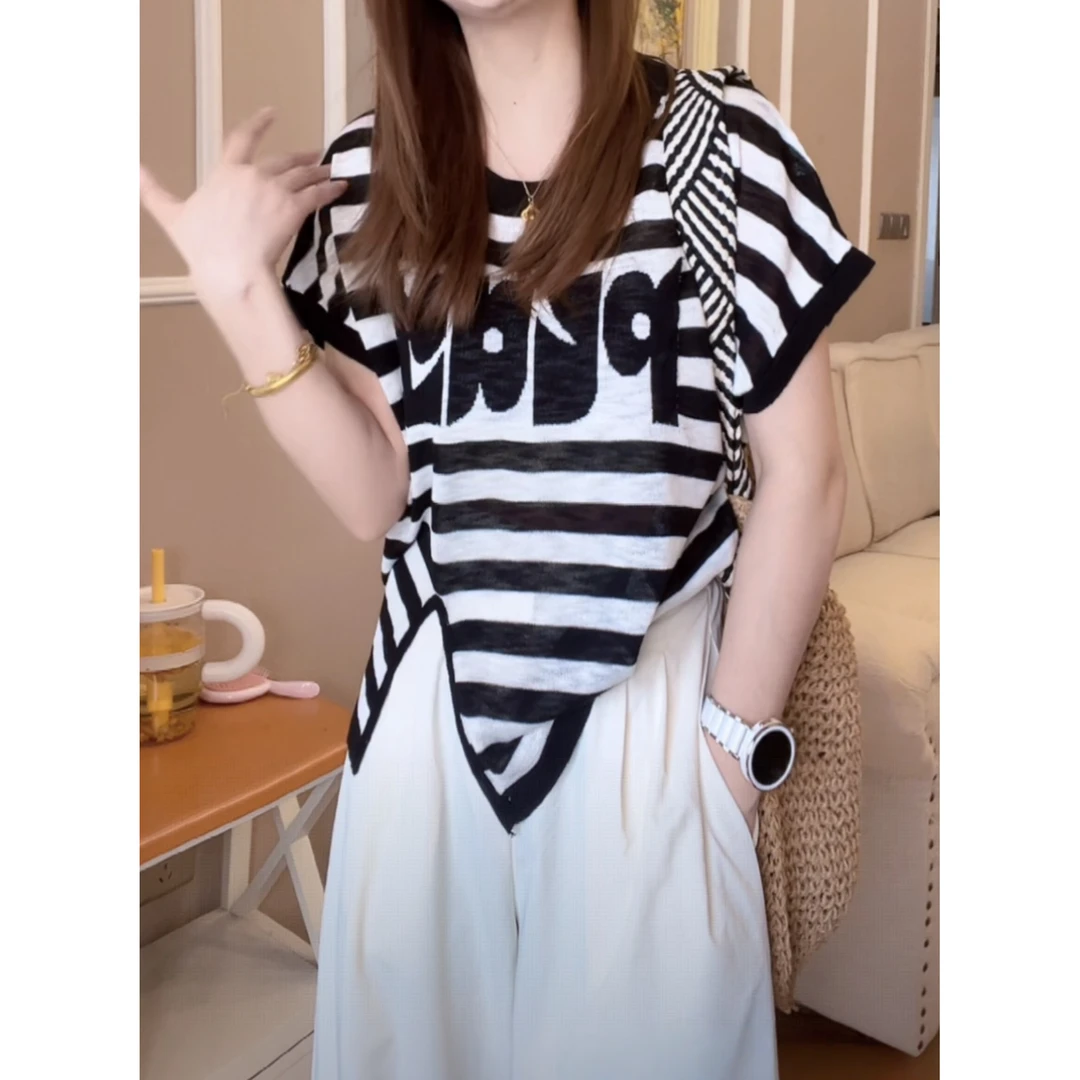 韩版时尚字母提花圆领针织竹节麻短袖T恤夏季新款设计感宽松上衣