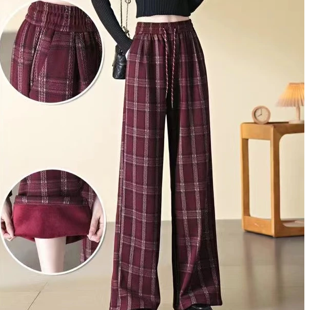 15010款复古格纹阔腿裤松紧腰系带加绒加厚宽松直筒休闲裤