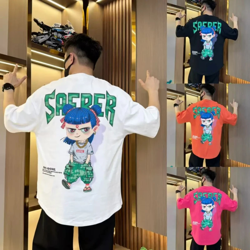 2025年新款夏季棉质短袖弧形男t恤哪吒图案青年宽松百搭燕尾服
