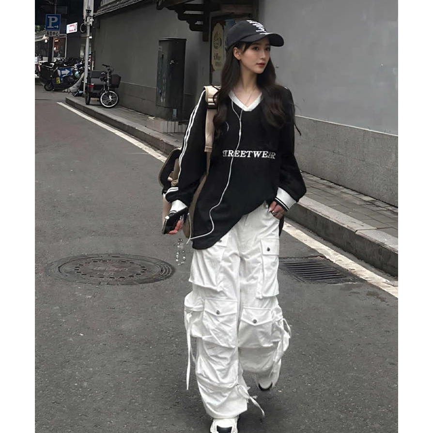 CaKm白色多口袋工装裤女春夏美式小个子设计感直筒显高长裤LAB494