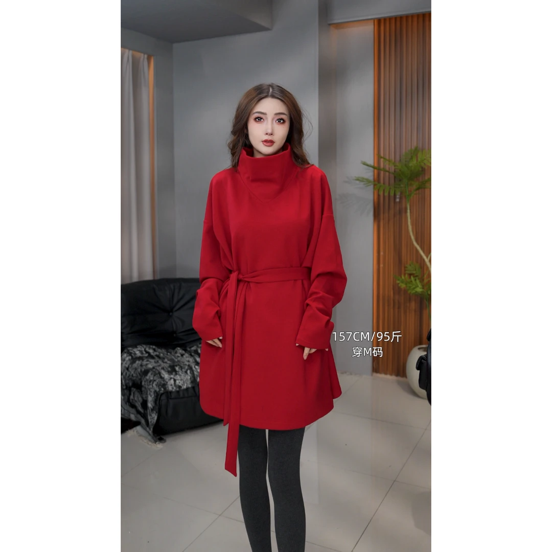 3608#新款时尚百搭气质高领长款腰带长袖打底衫