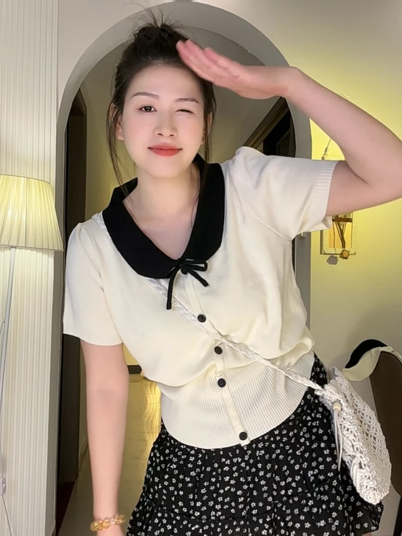 6002 法式娃娃领减龄短袖冰丝针织衫撞色显瘦百搭上衣