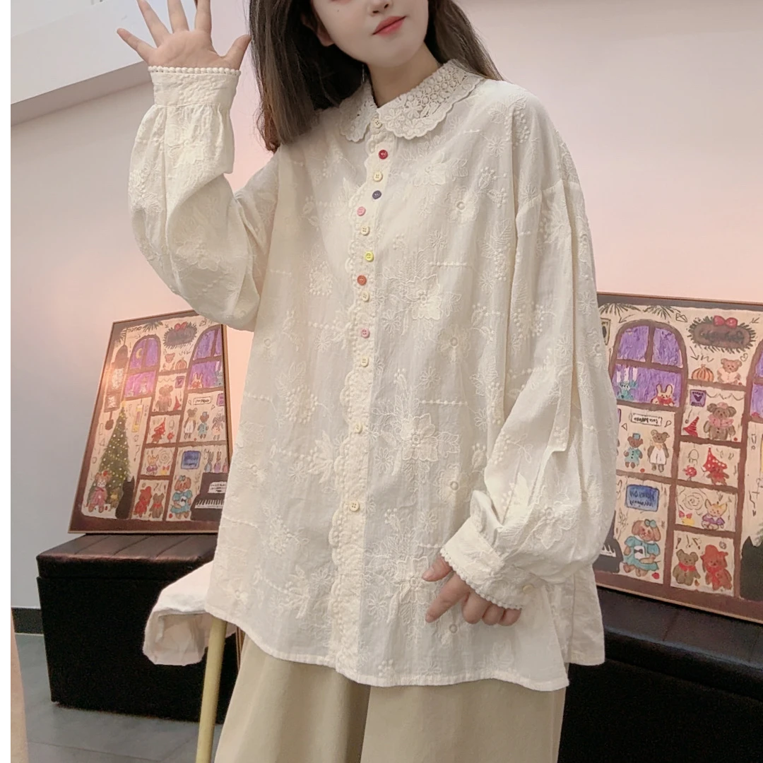 25秋冬纯棉刺绣打底翻领衬衫衬衣夏季春秋韩版上衣宽松长袖百搭