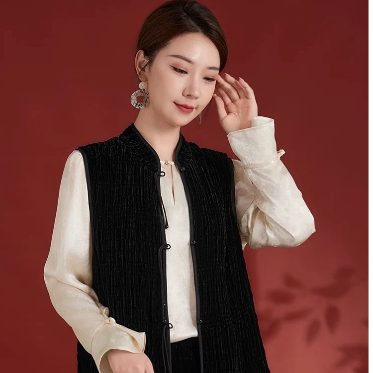 CHEN HENG 桑蚕丝真丝丝绒马甲女春秋新中式包边立领上衣62498312