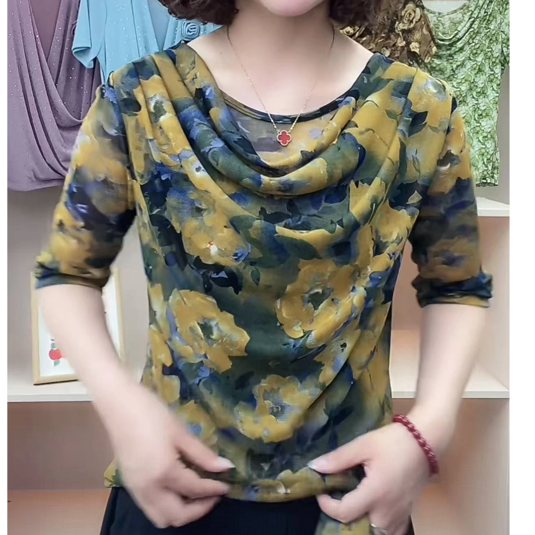 2025夏新款精致妈妈装法式堆堆领花色弹性肌肤纱中袖显瘦上衣潮