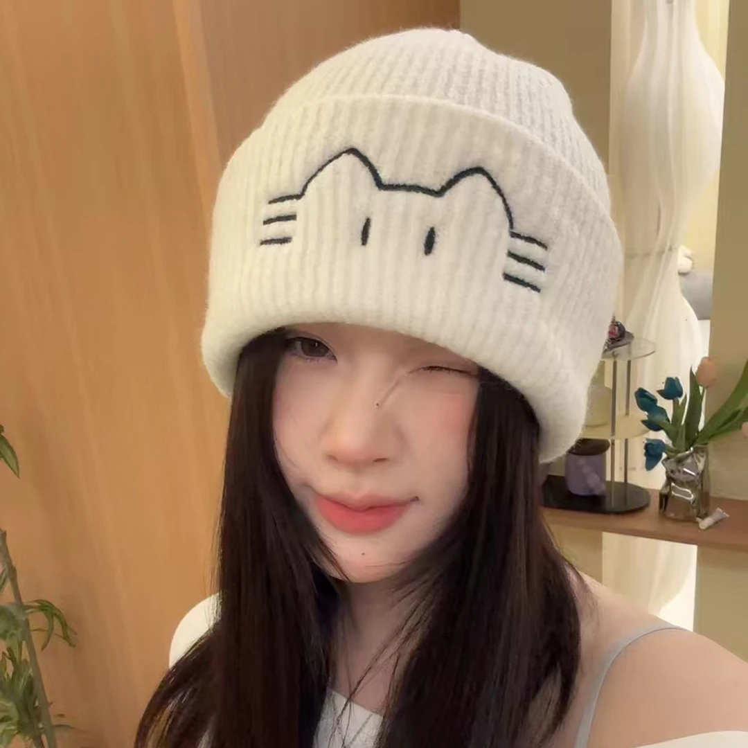 2025新款韩版可爱猫咪刺绣针织帽子女秋冬季保暖防寒显脸小毛线帽