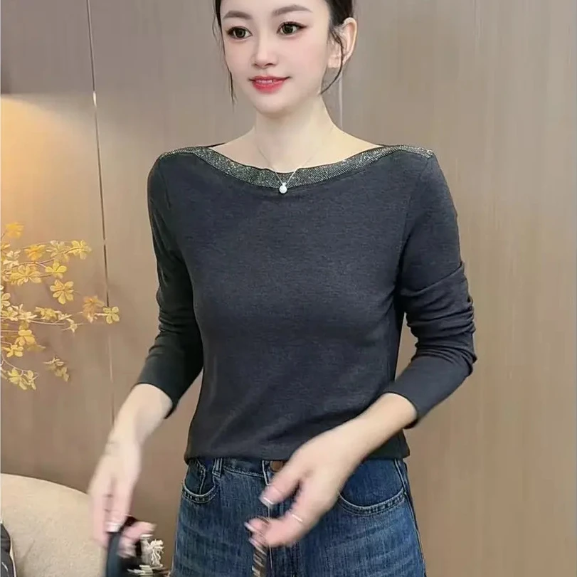 【7005】新品重工奥钻长袖T恤气质显瘦打底上衣