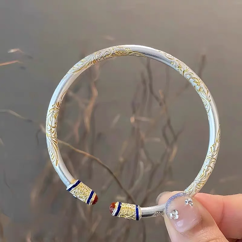 足银手镯 61号链接 足银女锦绣珐琅描金心经新中式古法实心银手镯