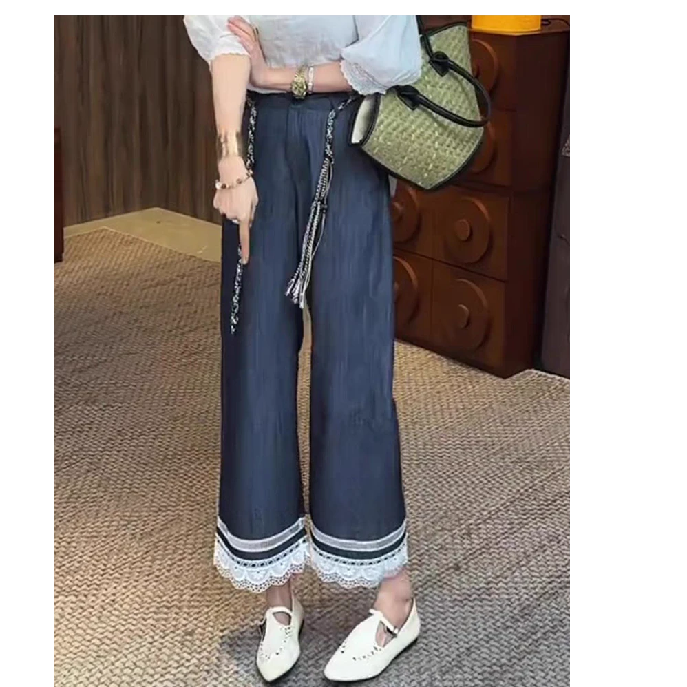 牛仔蓝蕾丝拼接花边薄款九分裤女2025夏季新款百搭通勤减龄直筒裤