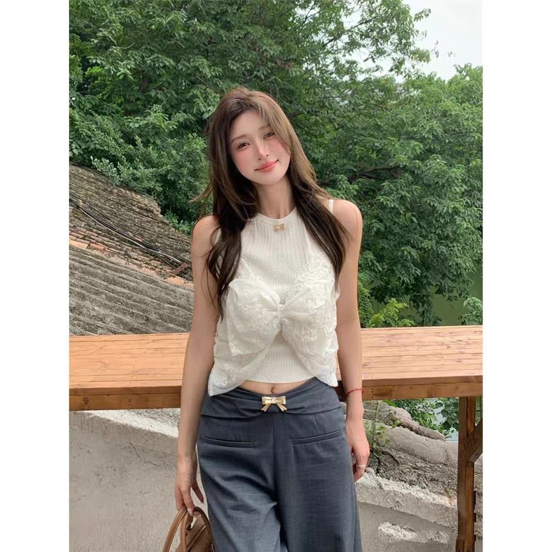 YOYO高定(蝴蝶结浪漫）蕾丝蝴蝶结假两件美拉德针织吊带25早秋新款