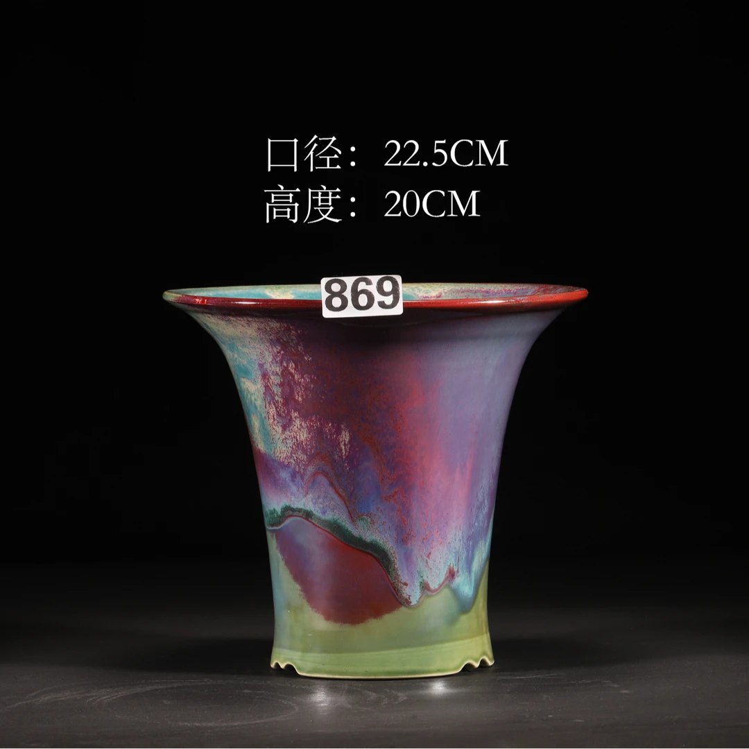 钧瓷纯手工高温原矿青绿釉束腰花盆兰花花盆陶瓷花盆