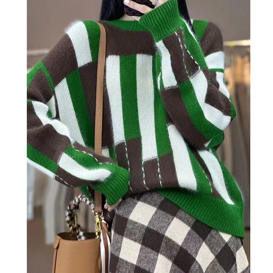 100羊毛今年流行漂亮毛衣女冬季加厚小众设计拼色设计加厚毛衣
