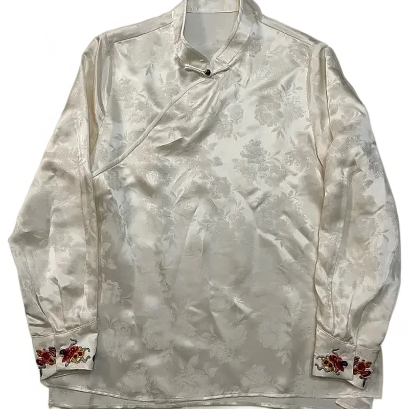 优雅中式风格立领长袖刺绣衬衫上衣女时尚暗花设计