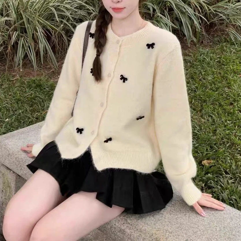 HSTYLE/韩都衣舍春秋软糯针织上衣蝴蝶结毛衣开衫外套女百搭109-4