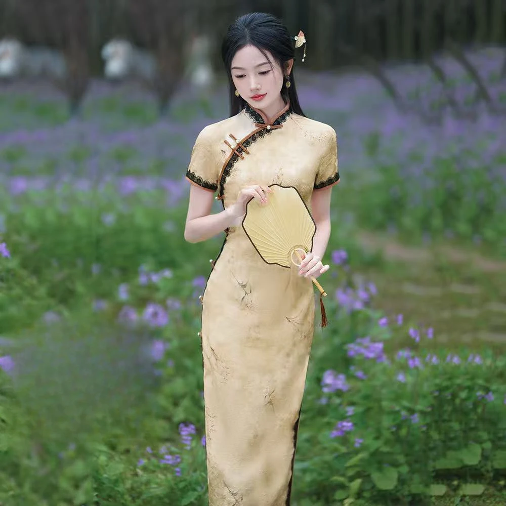 0801 【花黄色】 黑花边 【佳人】 旗袍