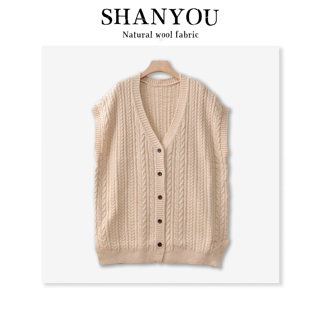 【山有】7528 V领中长款针织马甲无袖复古宽松大码羊毛马夹女士