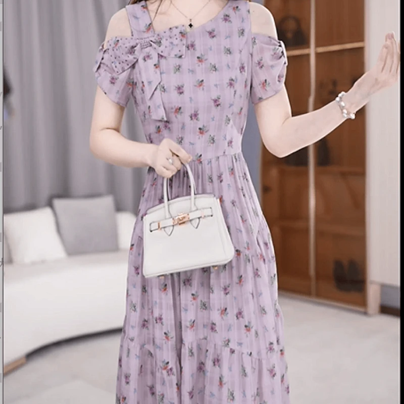 860【连衣裙】2025夏季新款时尚优雅气质斜肩领露肩中长款连衣裙