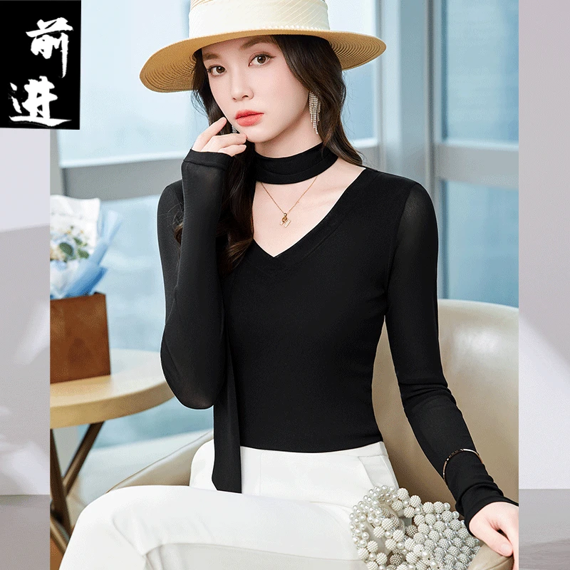 高端弹力修身网纱打底衫女气质显瘦女神范性感上衣V领内搭长袖T恤