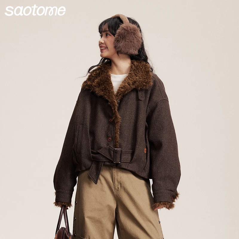 早乙女惠子saotome 复古秋冬保暖柔座山雕千鸟格夹克棉服4007DB