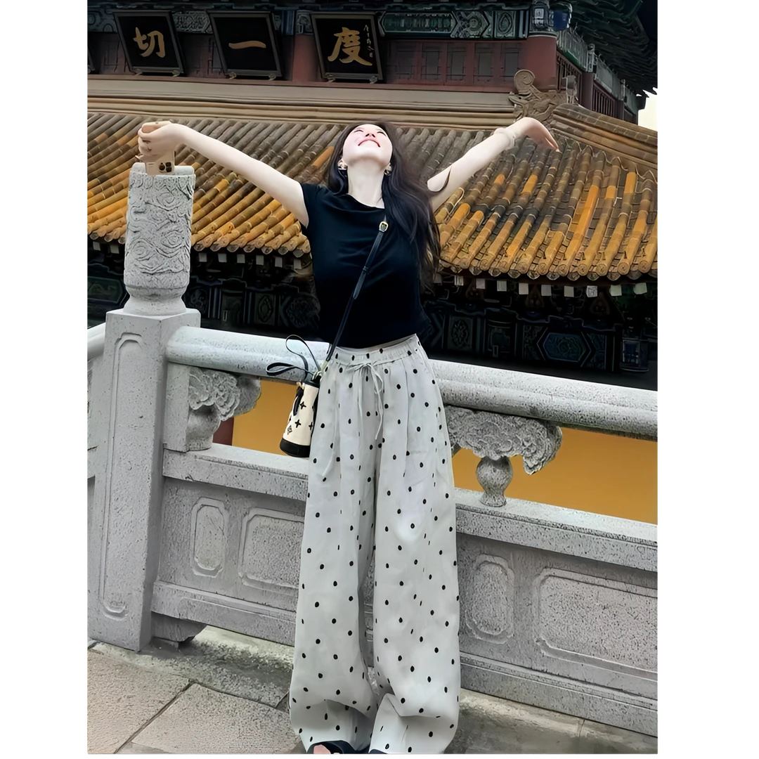 2025夏季新款韩系穿搭松弛感一字肩黑色上衣搭配波点阔腿裤两件套