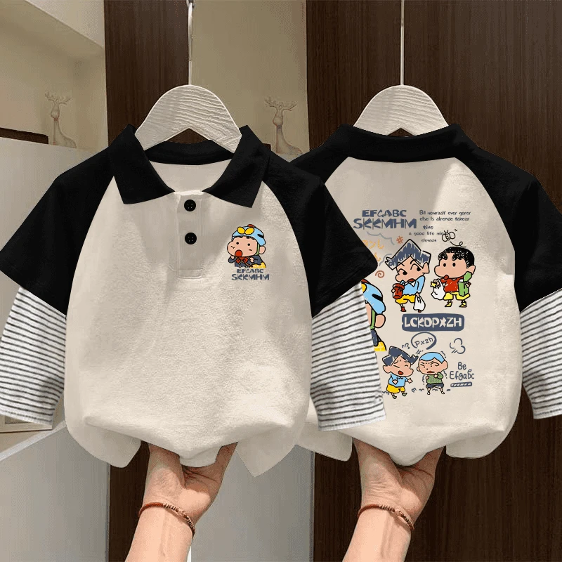 2025新款长袖假两件卡通POLO衫百搭宽松外穿打底翻领上衣爆款小众