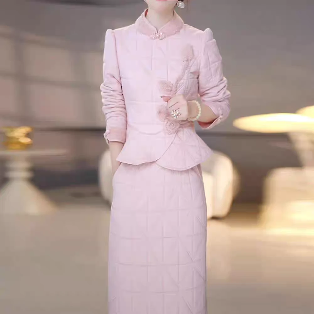 高级蓄热棉洋气时髦优雅俩件套2025秋季新款中年妈妈修身连衣裙女