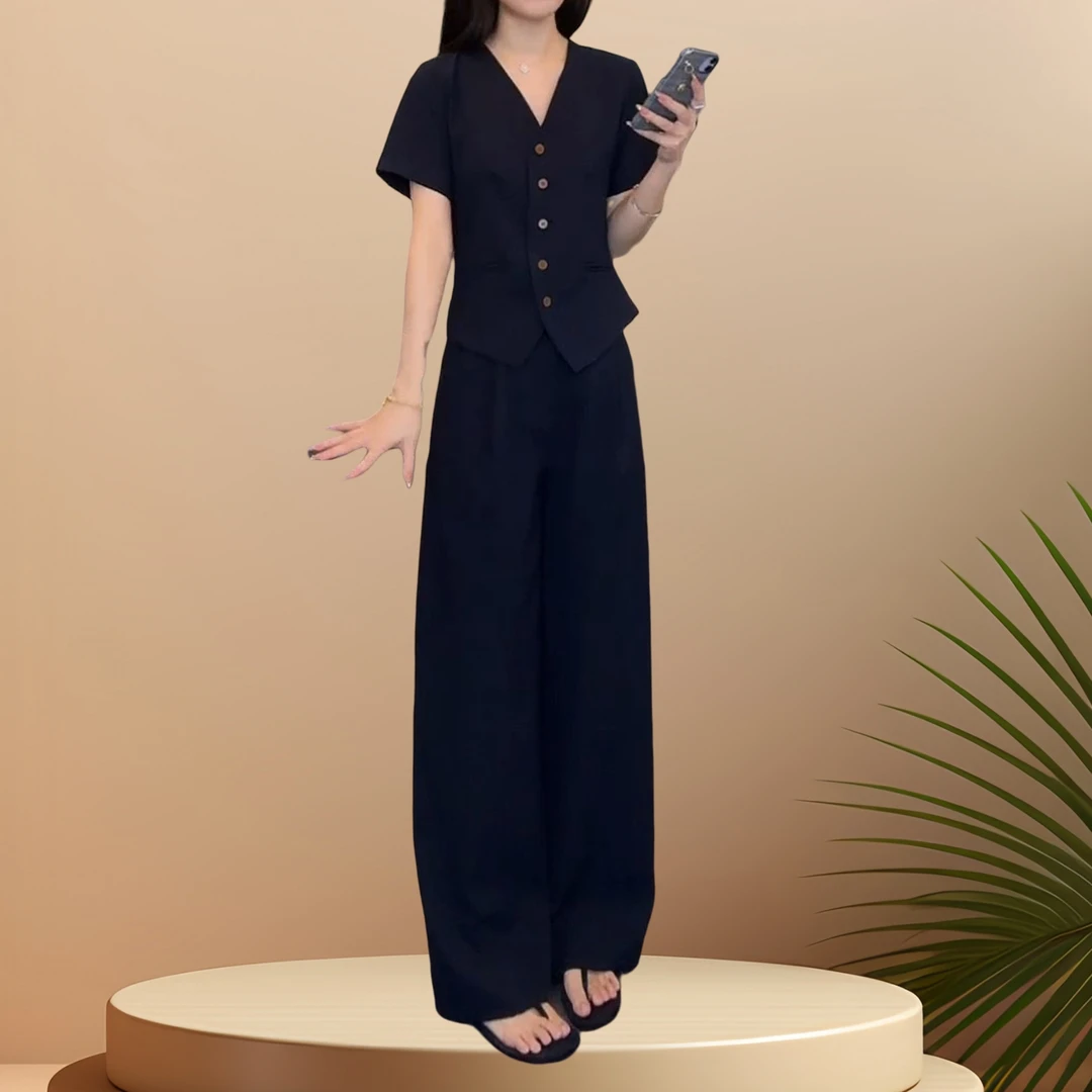 气质显瘦洋气百搭休闲上衣收腰阔腿裤套装夏季轻熟风减龄时尚套装