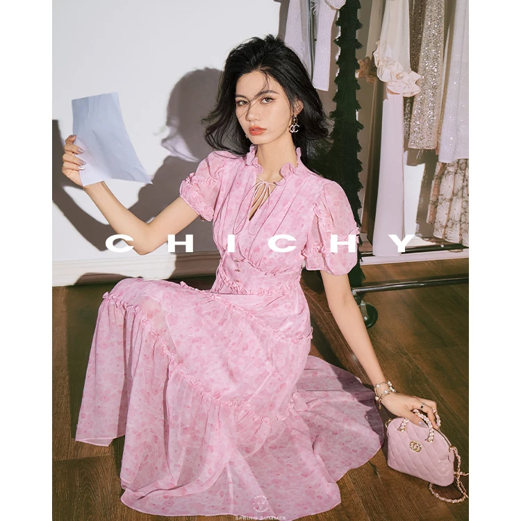 【陈大可专属】CHICHY千金风浪漫仙气桑蚕丝印花连衣裙CC8C023242
