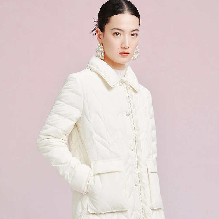 【婷婷专属】拉珂蒂冬季中长款羽绒服女时尚钉珠翻领鹅绒服外套女