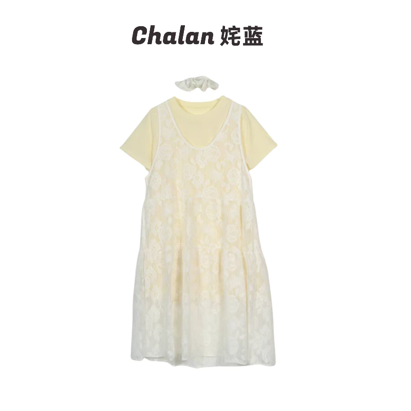Chalan姹蓝 温柔度假风短袖T恤蕾丝连衣裙套装