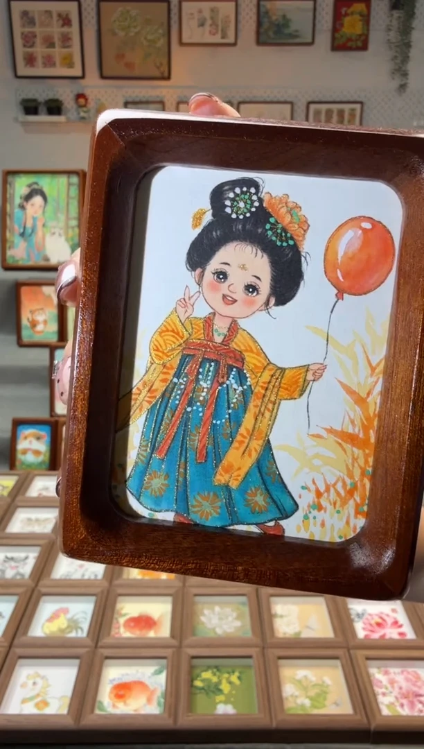 国画气球小唐妞 手绘国画4寸