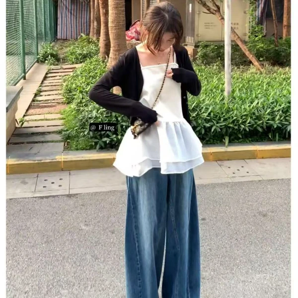 【芳龄F.LING】白茶 韩系吊带拼接百搭时尚小众通勤FL0716
