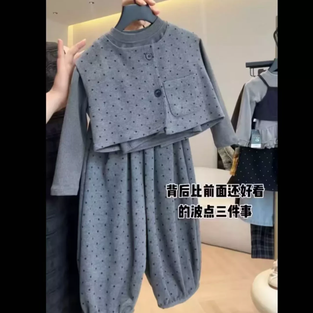 韩版儿童洋气娃娃衫马甲三件套2025秋装女童休闲长裤子三件套