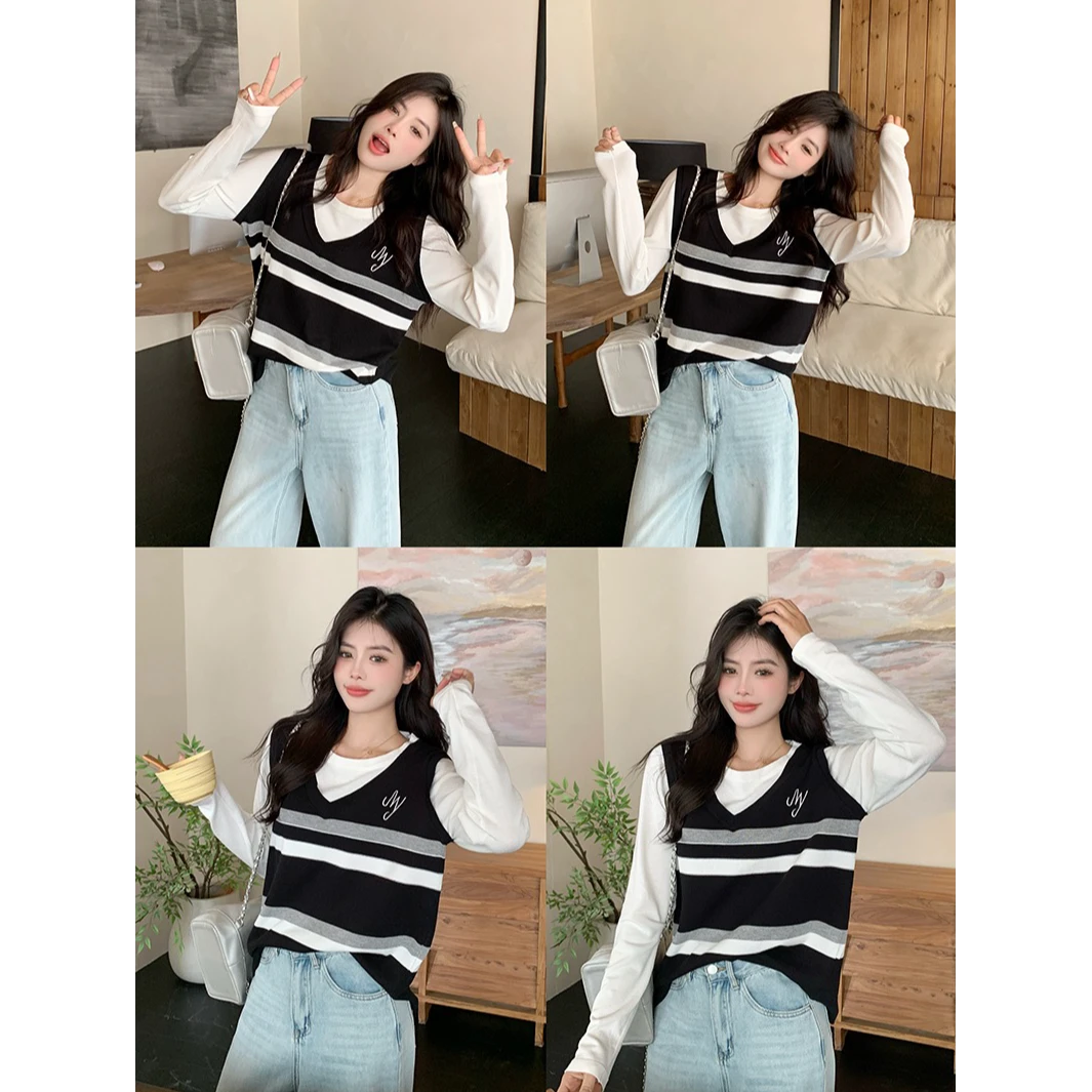 大码长袖上衣女2025春季新款微胖mm甜美学院风假两件针织衫