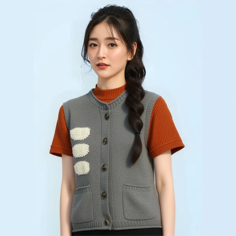 【绒弯湾】春秋时尚宽松百搭圆领羊绒针织马甲